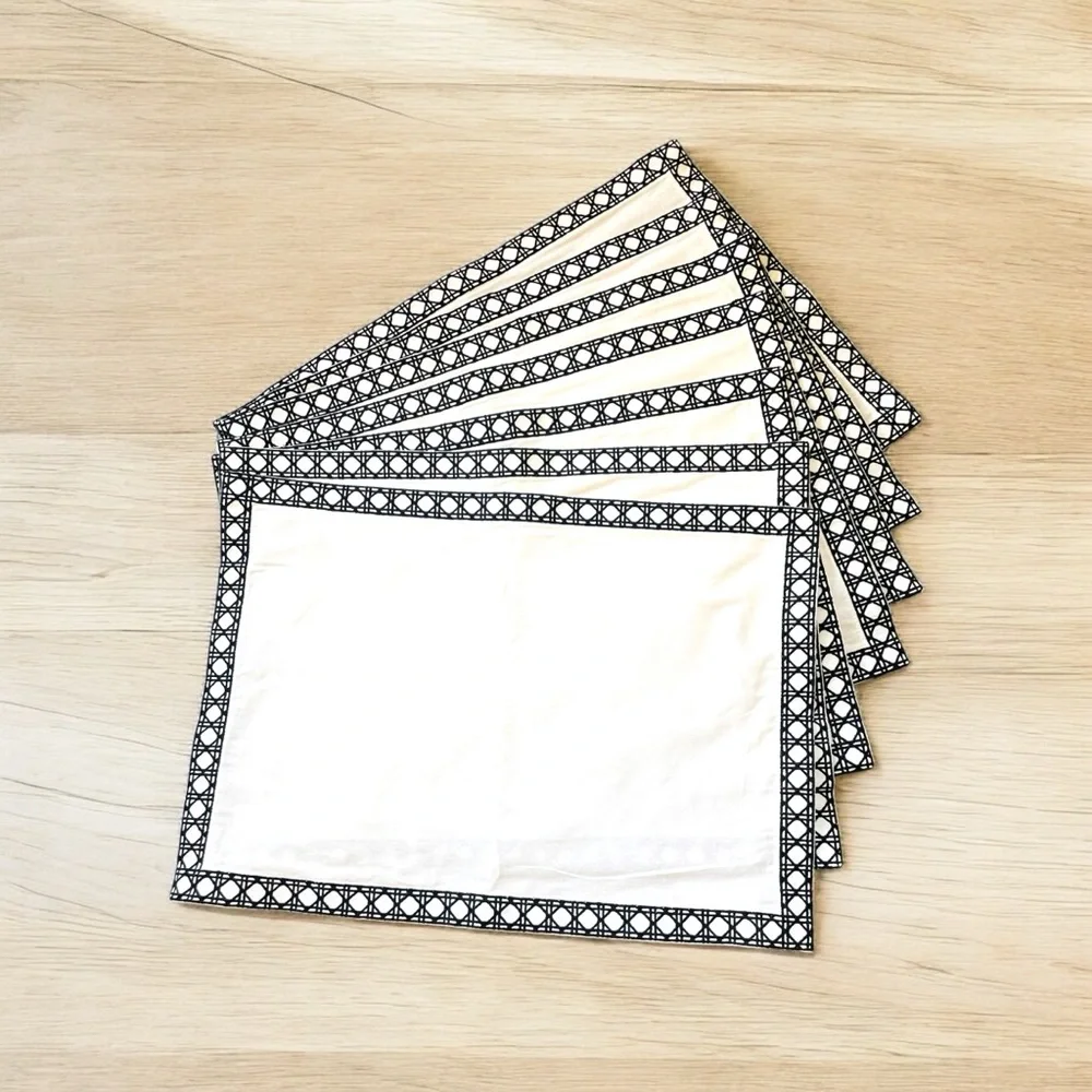 WILLIAMS SONOMA 7 PIECES CANE EMBROIDERED BLACK WHITE DINNER NAPKINS